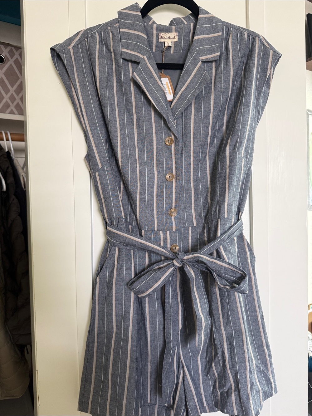 Denim Blue and White Striped Button-Front Romper with Tie Waist